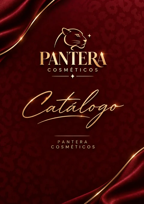 Capa do catálogo de outubro da Pantera Cosméticos, em vinho e dourado