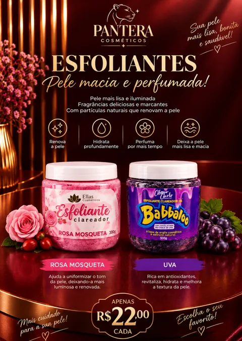 Página dos esfoliantes Rosa Mosqueta e Uva, R$ 22,00 cada