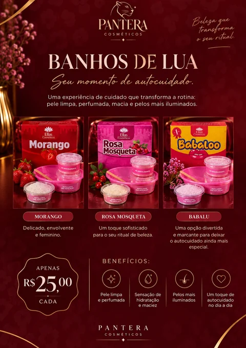 Página dos Banhos de Lua: Morango, Rosa Mosqueta e Babalu, R$ 25,00 cada
