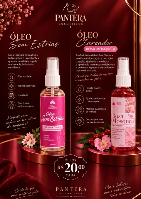 Página dos óleos Sem Estrias e Clareador Rosa Mosqueta, R$ 20,00 cada