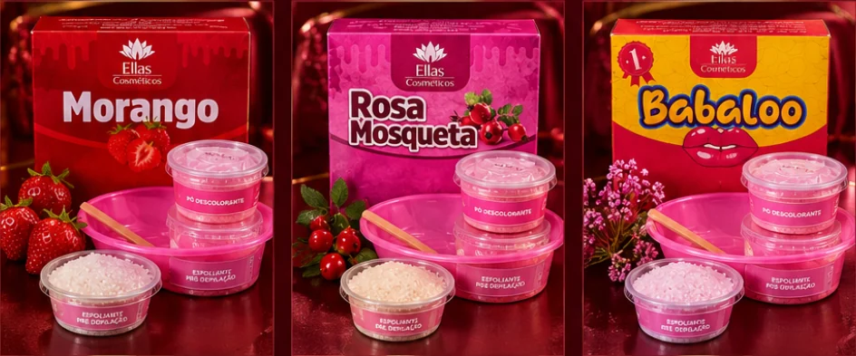 Três kits de banho de lua da Ellas Cosméticos: Morango, Rosa Mosqueta e Babalu, com potes e tigela rosa