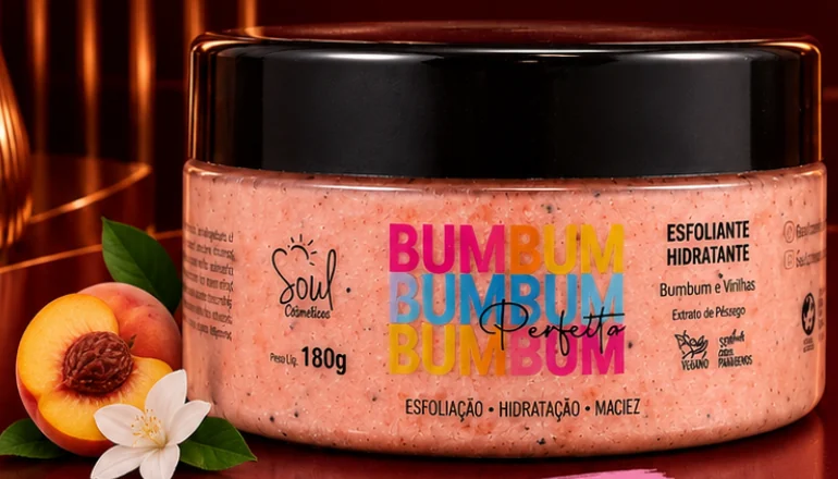 Pote do Esfoliante Bumbum Perfeito da Soul Cosméticos com pêssego ao lado