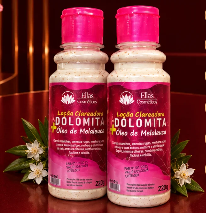 Dois frascos da Loção Clareadora Dolomita com Óleo de Melaleuca, da Ellas Cosméticos