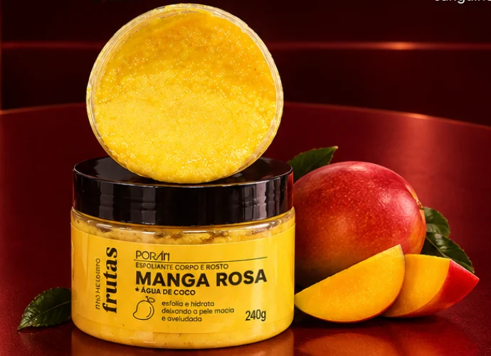 Pote do Esfoliante Manga Rosa da Porán com mangas ao lado