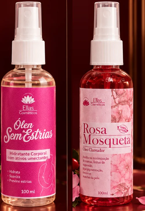 Frascos spray do Óleo Sem Estrias e do Óleo Clareador Rosa Mosqueta, da Ellas Cosméticos
