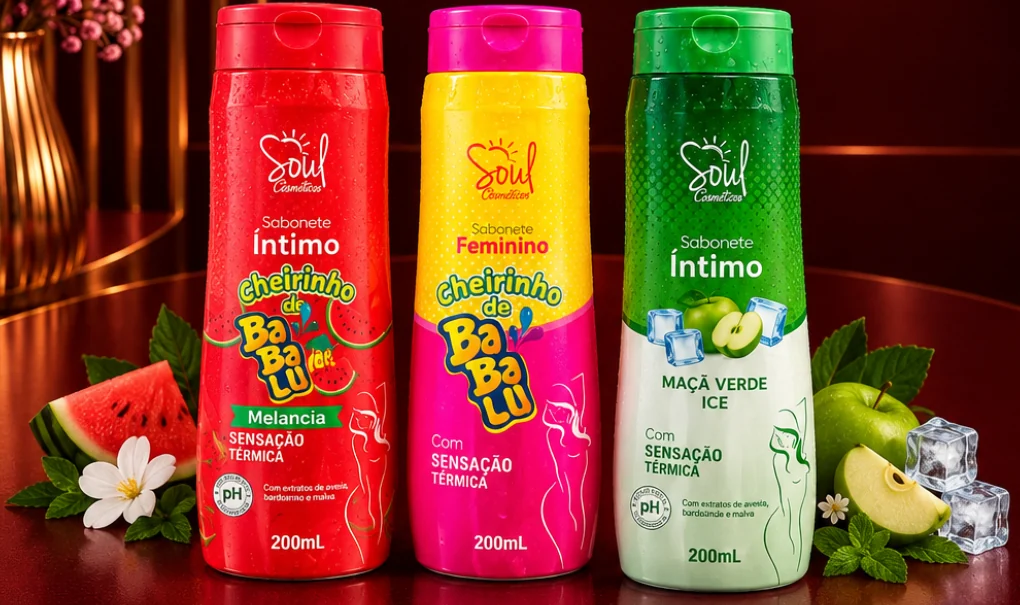 Três sabonetes íntimos Soul de 200 ml: Melancia, Feminino e Maçã Verde Ice, com frutas ao lado