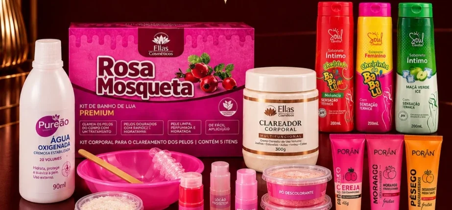 Produtos do catálogo da Pantera Cosméticos: kit Rosa Mosqueta, clareador, água oxigenada, sabonetes Soul e hidratantes Porán